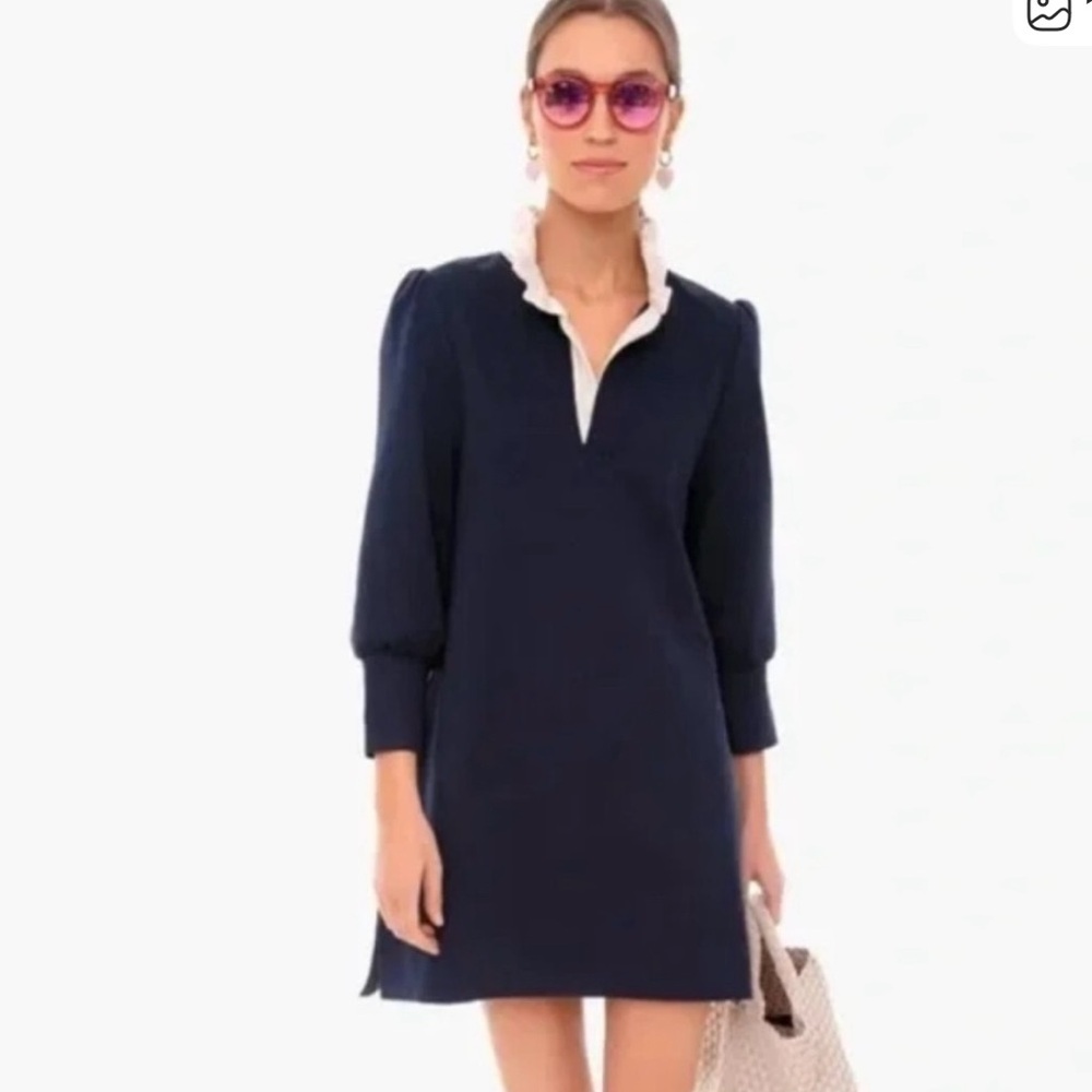 Pomander Place Navy Shift Dress with Cream Ruffle Collar